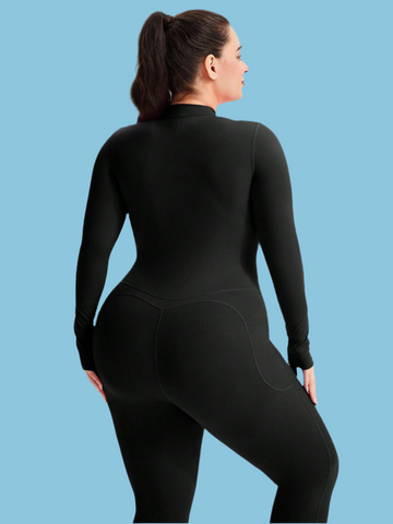 Tuta da allenamento senza cuciture a 4 vie per taglie forti da donna - collo a giro e maniche lunghe e tasche laterali e tuta con chiusura lampo